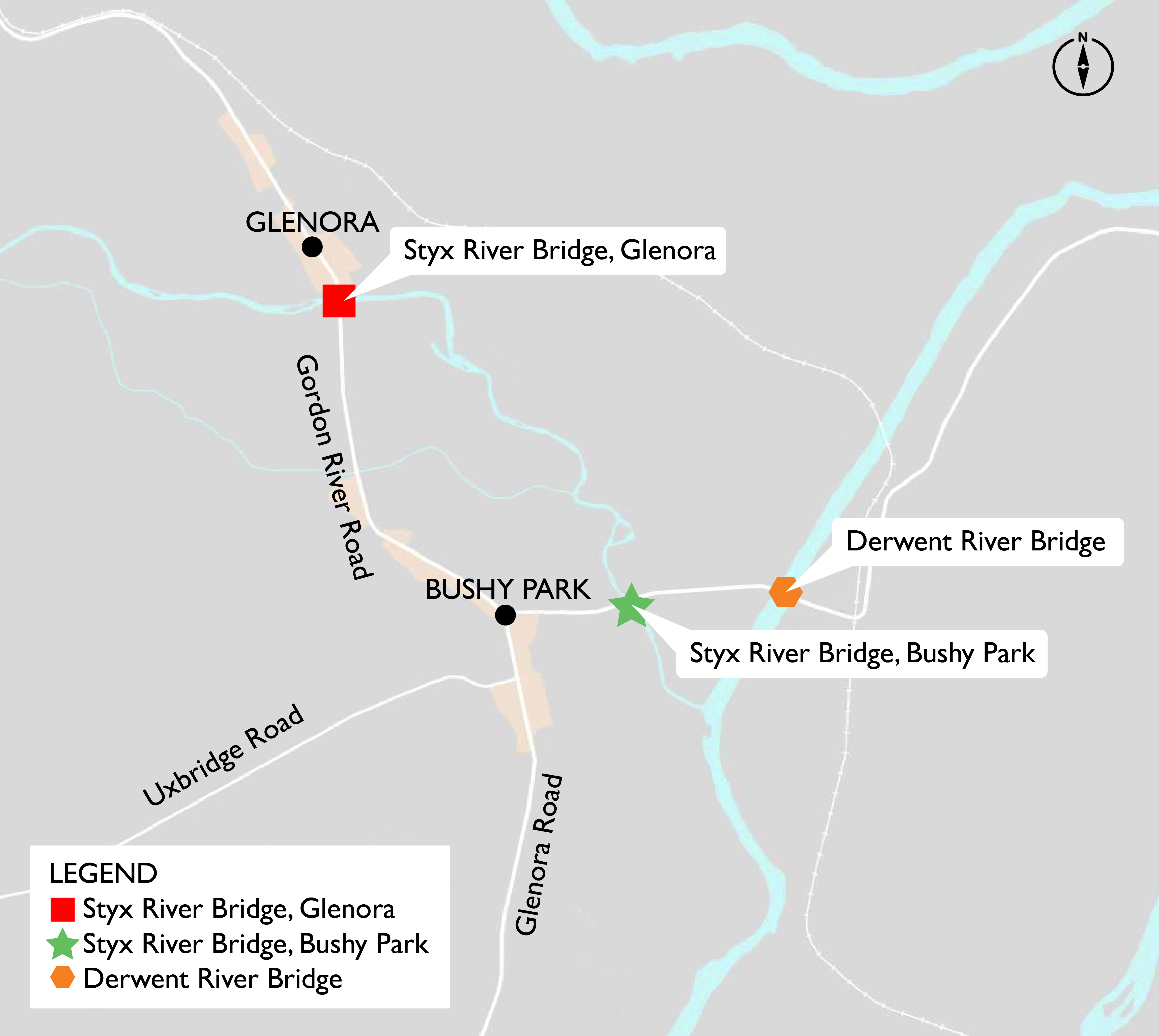 A map of the Styx River Bridge